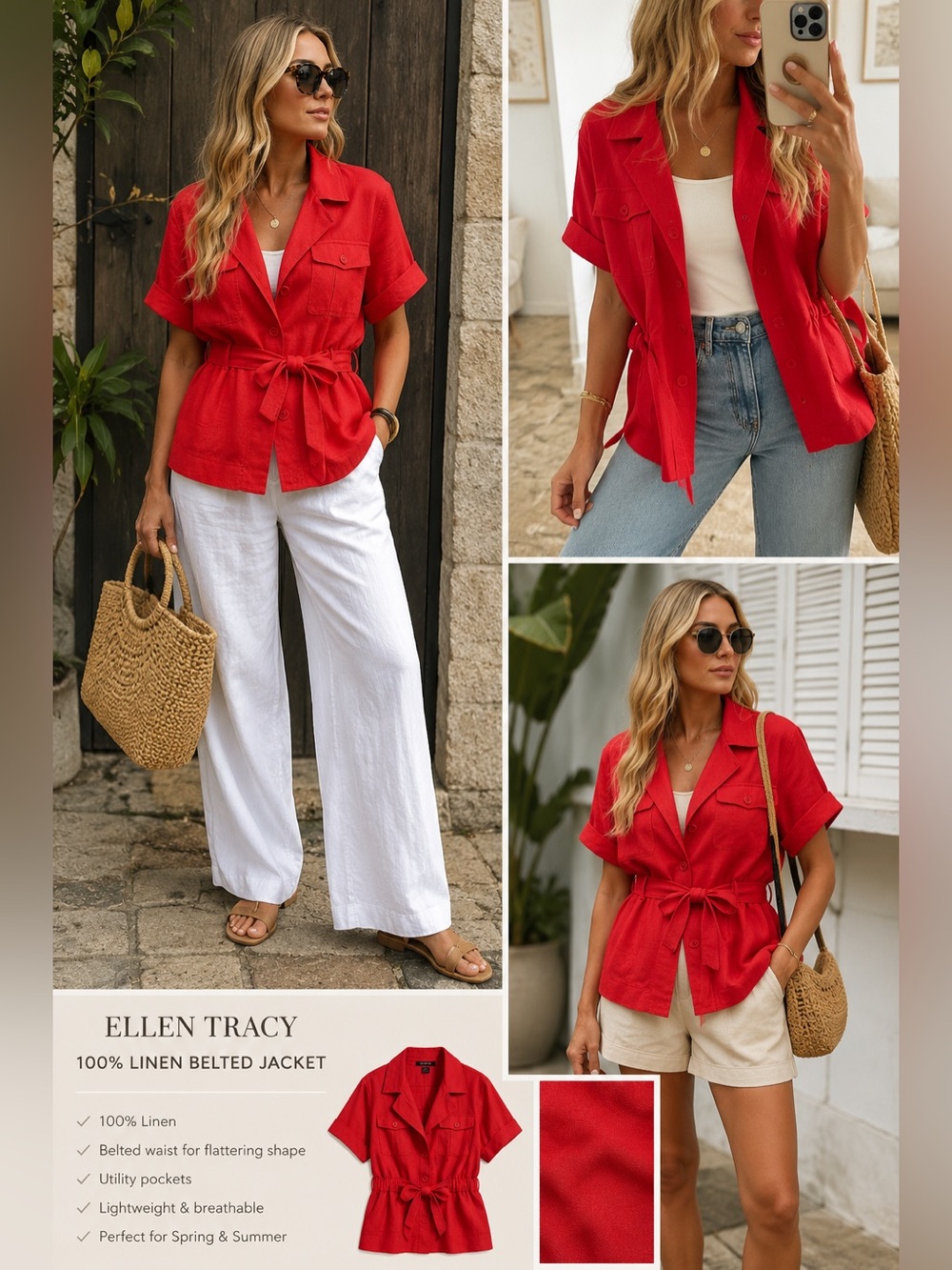 Ellen Tracy 100% Linen Belted Safari Utility Jacket Petite 12 Coral Red